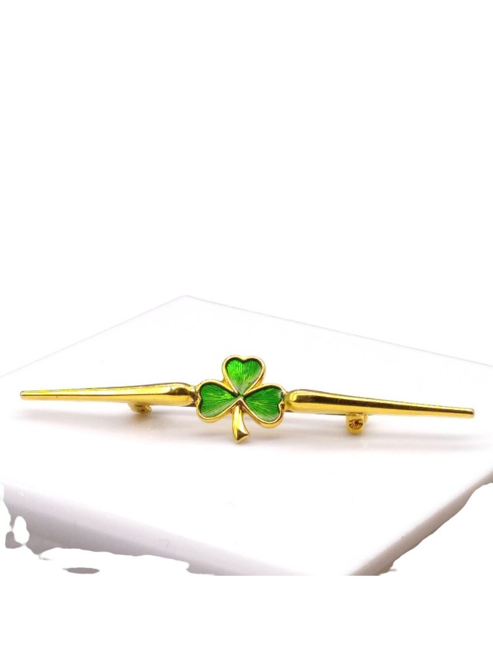 Vintage Shamrock Lapel Pin, Long Gold Tone Lapel Pin acts as Collar Stay